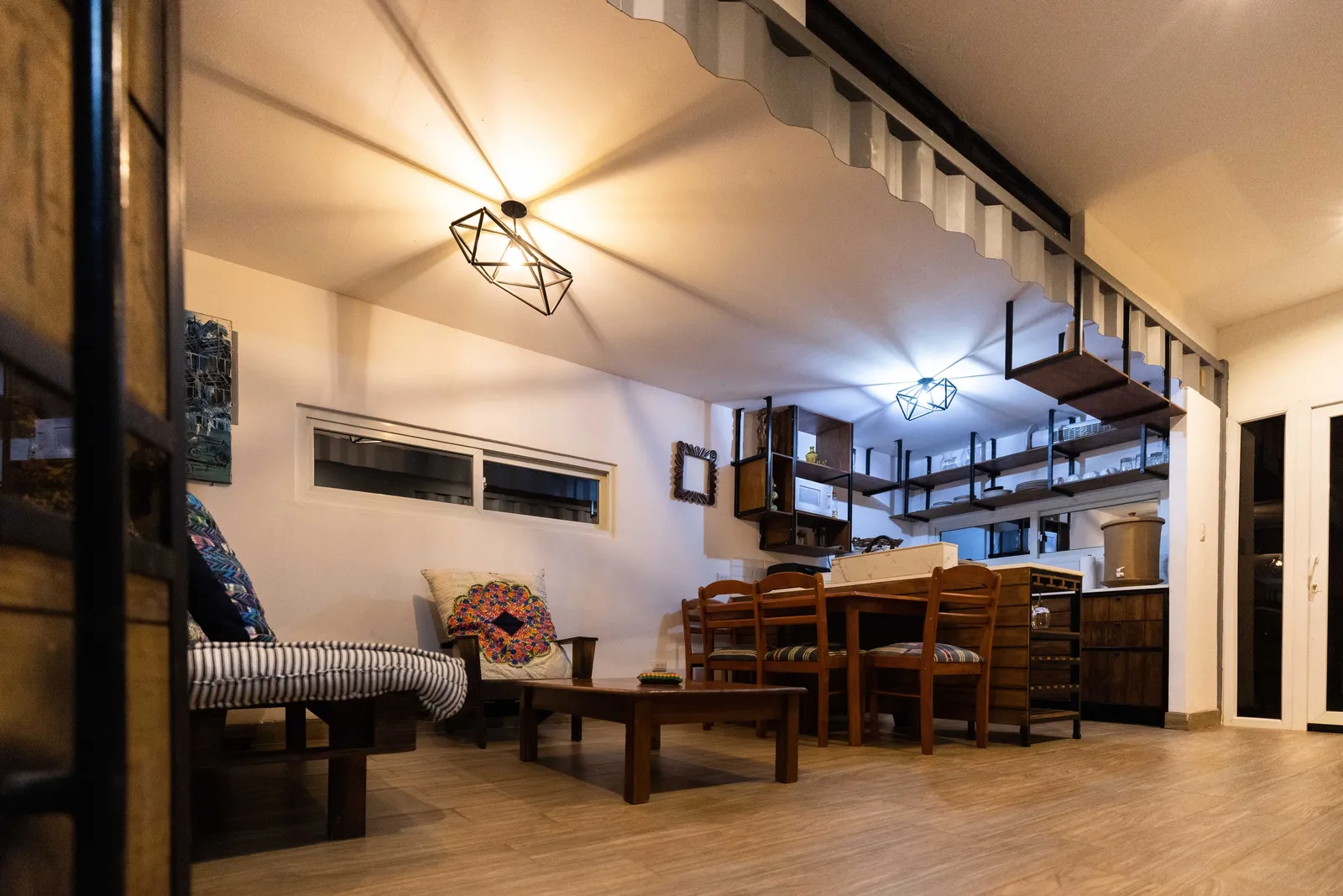 Warm dining space with wood furniture